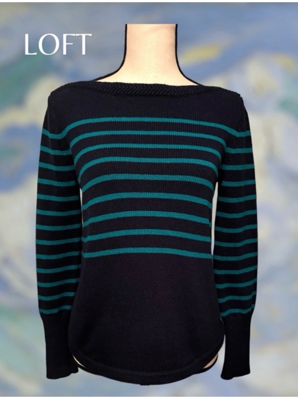 ANN TAYLOR LOFT Striped Boatneck Pullover Sweater Navy Green Women's Medium - Picture 4 of 12
